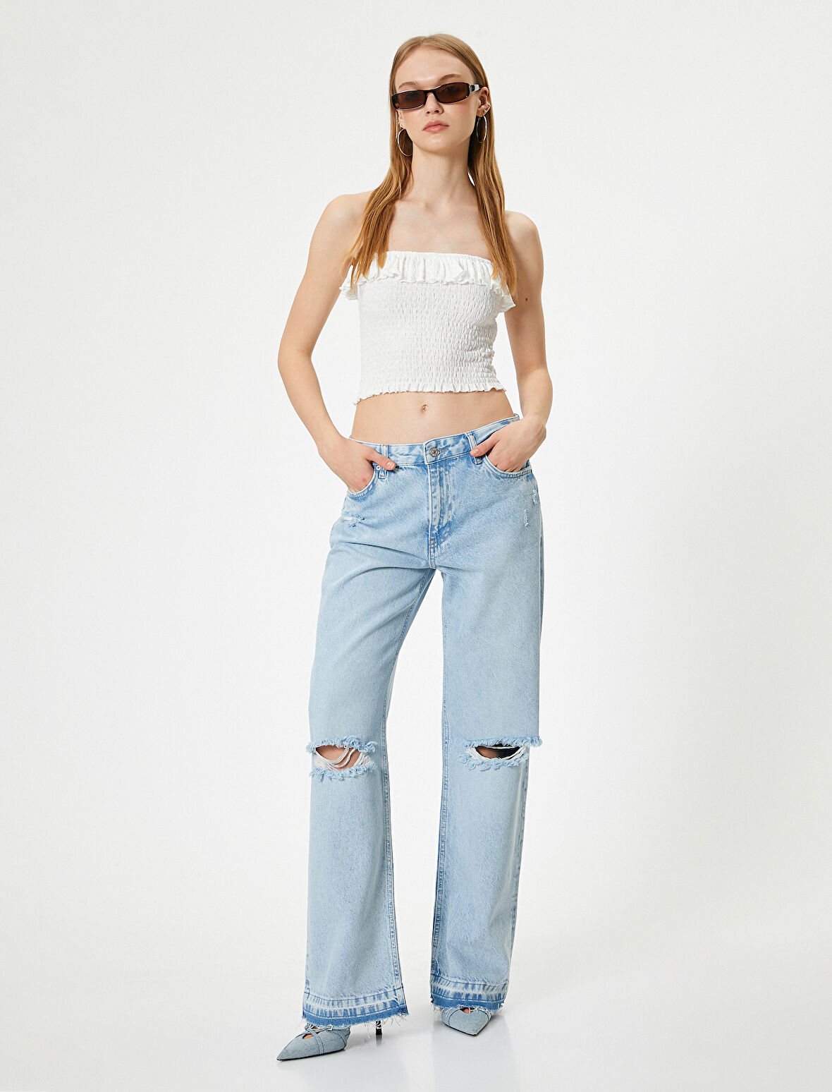 Bol Paça Yüksek Bel Straight Fit Yırtık Kot Pantolon - Nora Jean