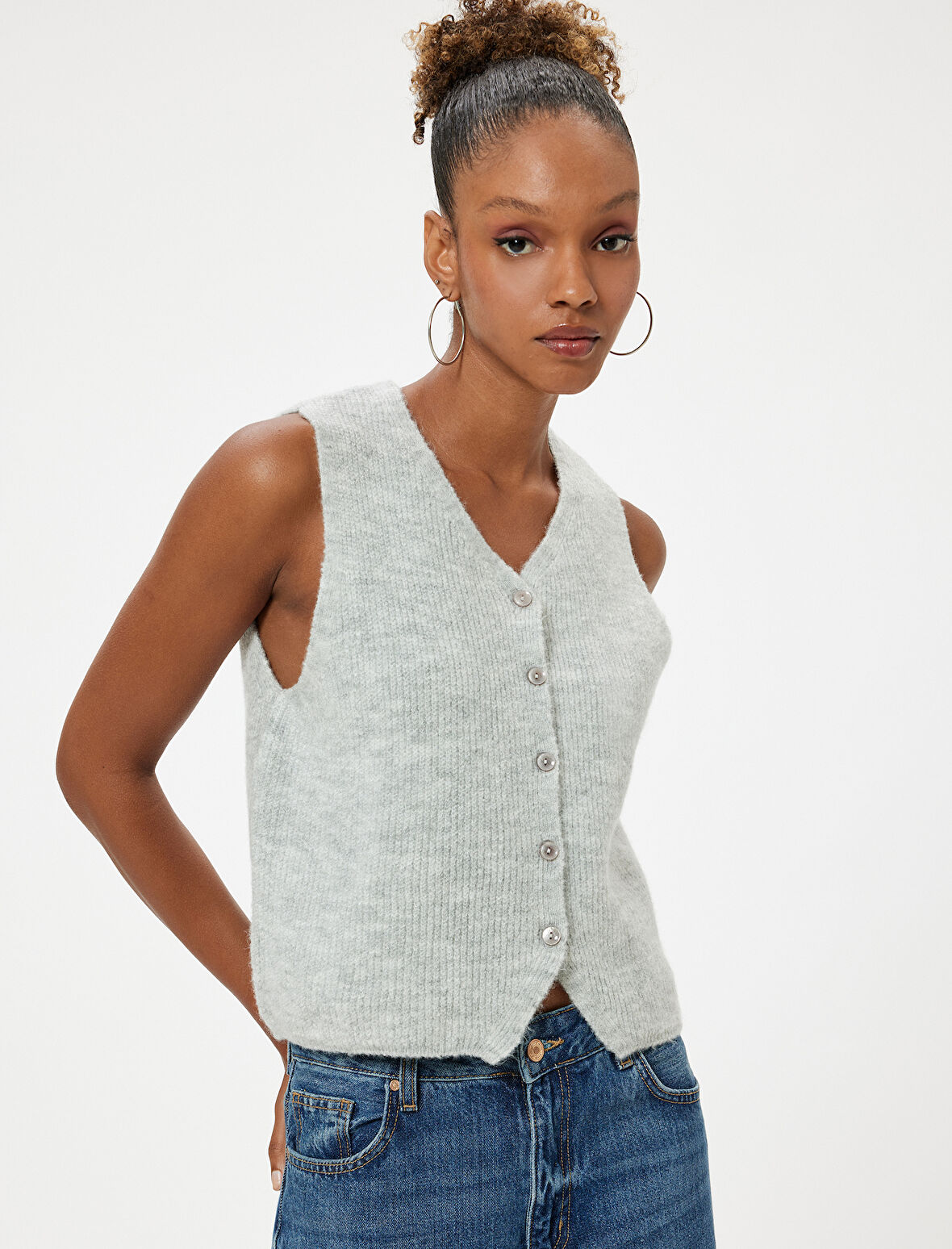 Crop Triko Yelek Düğmeli V Yaka