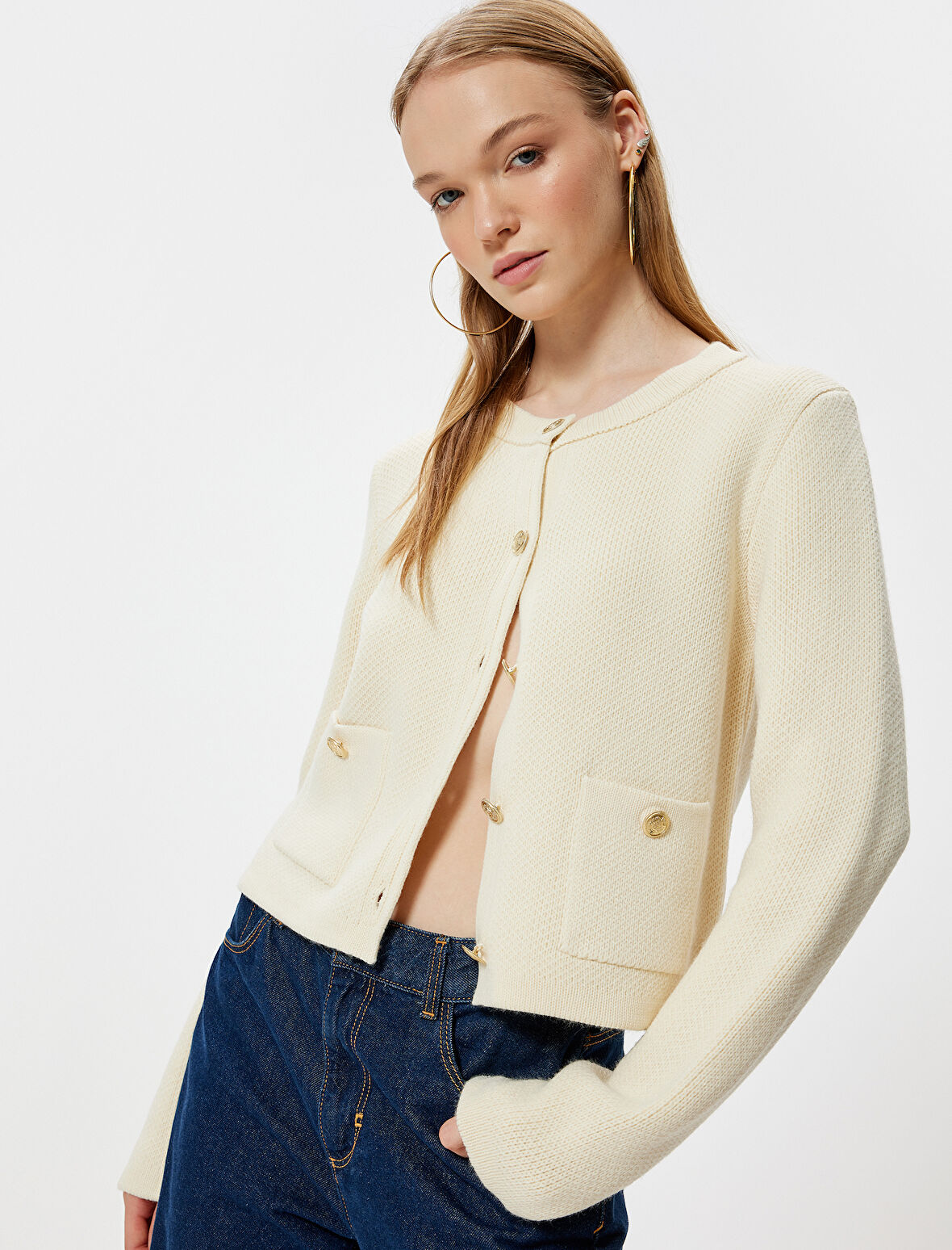 Triko Hırka Bisiklet Yaka Cep Detaylı Düğmeli