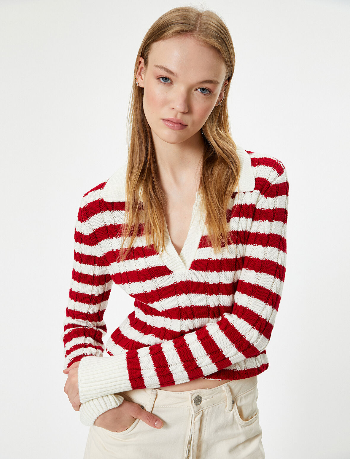 Polo Yaka Triko Kazak Saç Örgü Dokulu Uzun Kollu