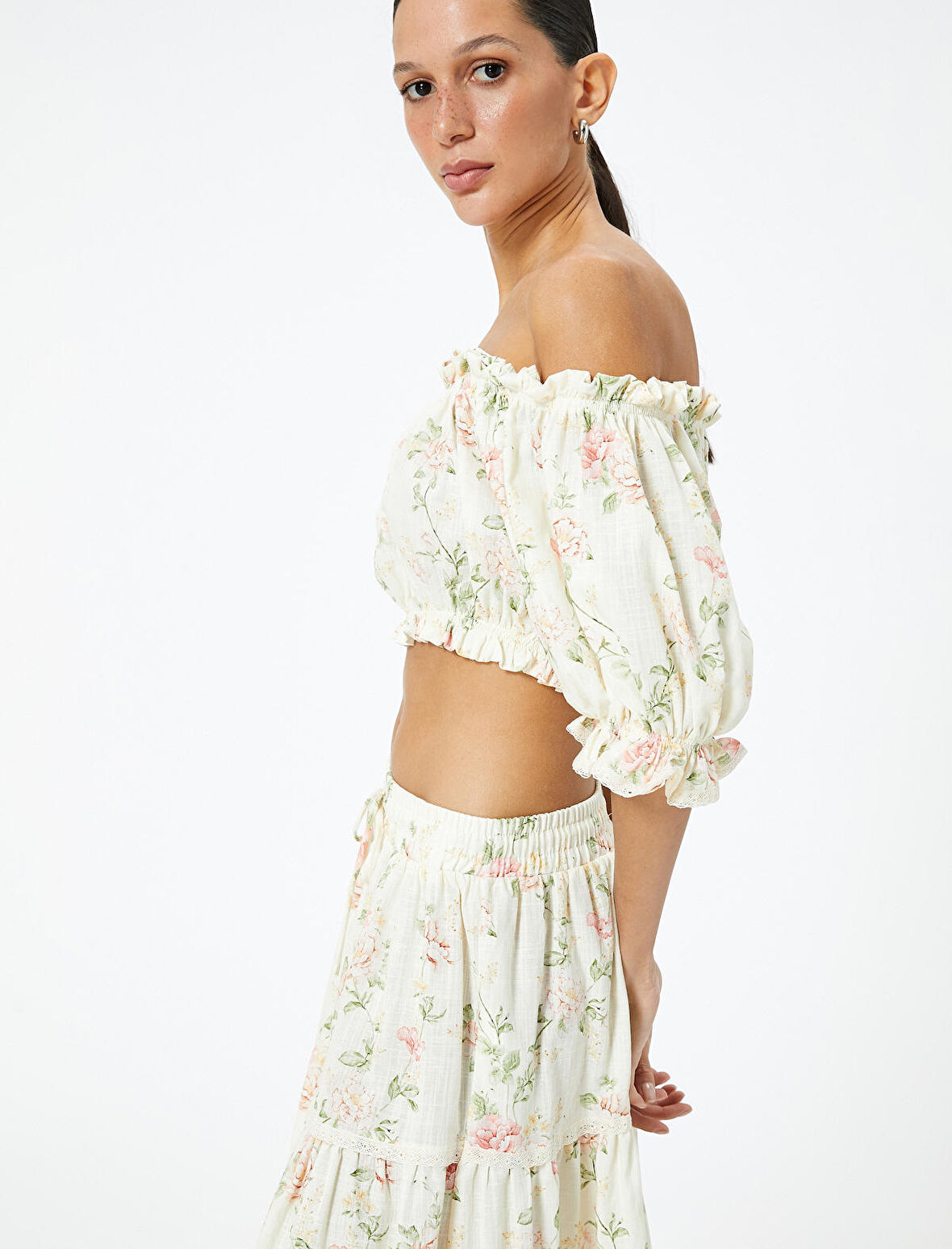 Crop Straplez Atlet Çiçekli Fırfırlı Pamuklu Slim Fit