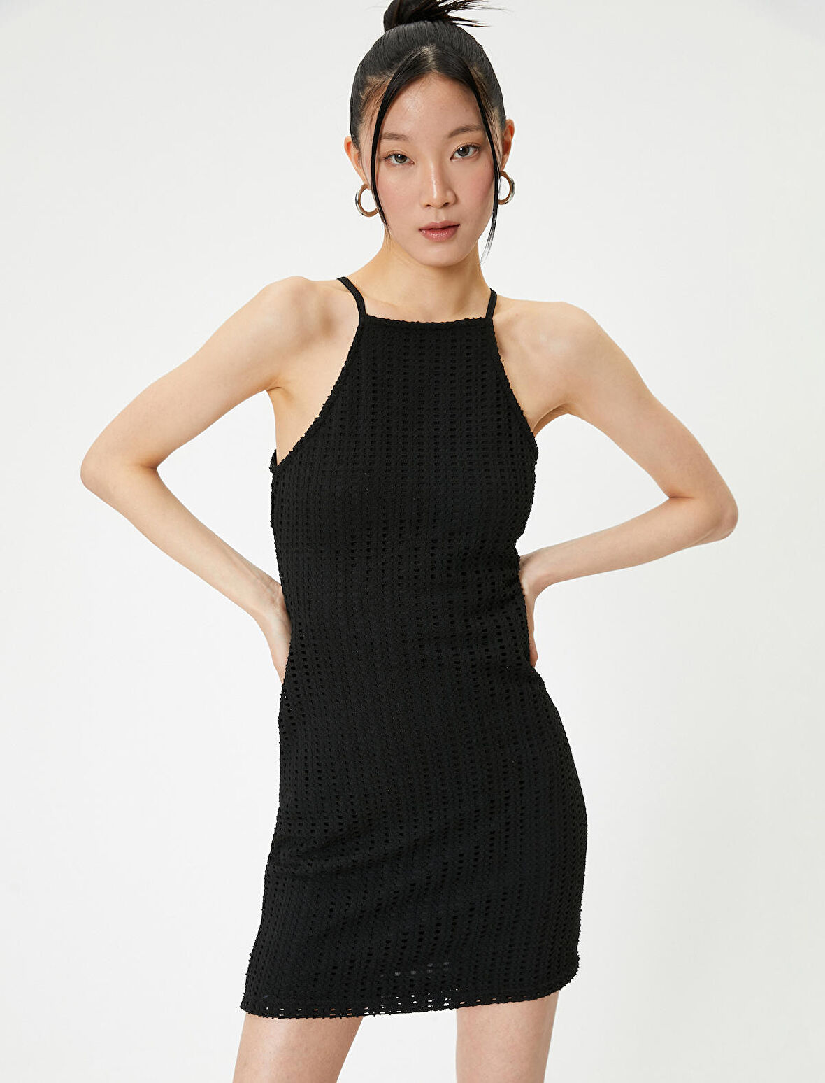 Halter Yaka Mini Kalem Elbise Slim Fit