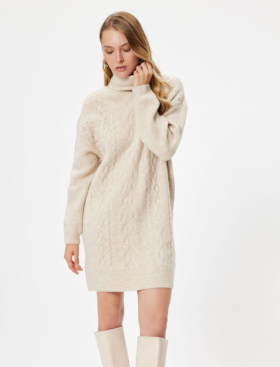 Midi Boy Triko Elbise Balıkçı Yaka Saç Örgü Dokulu Rahat Kalıp