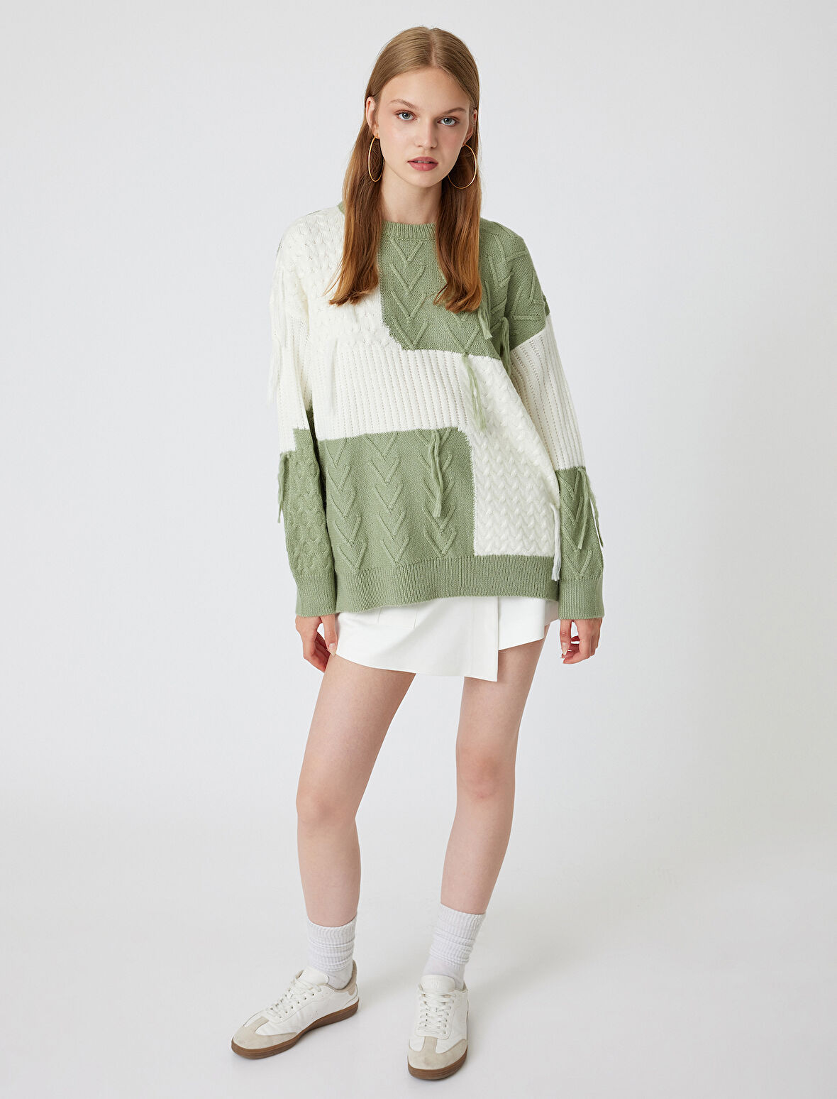 Oversize Triko Kazak Bisiklet Yaka Renk Bloklu Dokulu