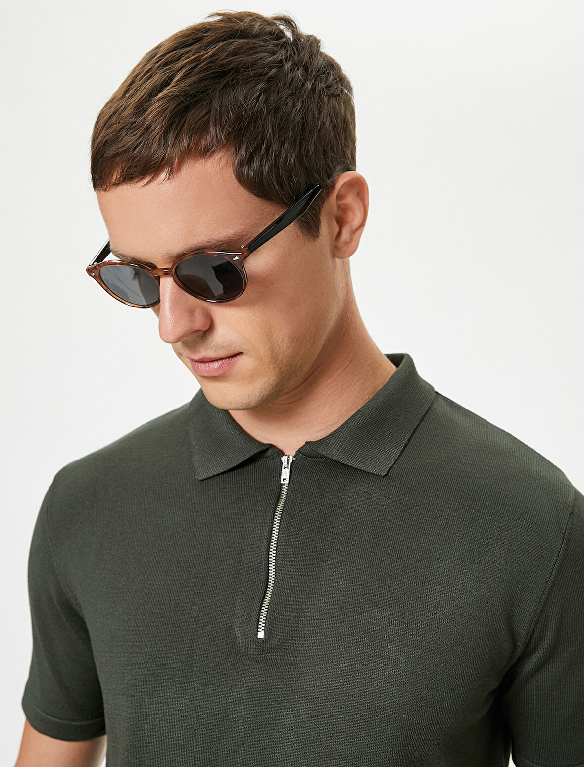 Polo Yaka Triko Kazak Yarım Fermuarlı Kısa Kollu