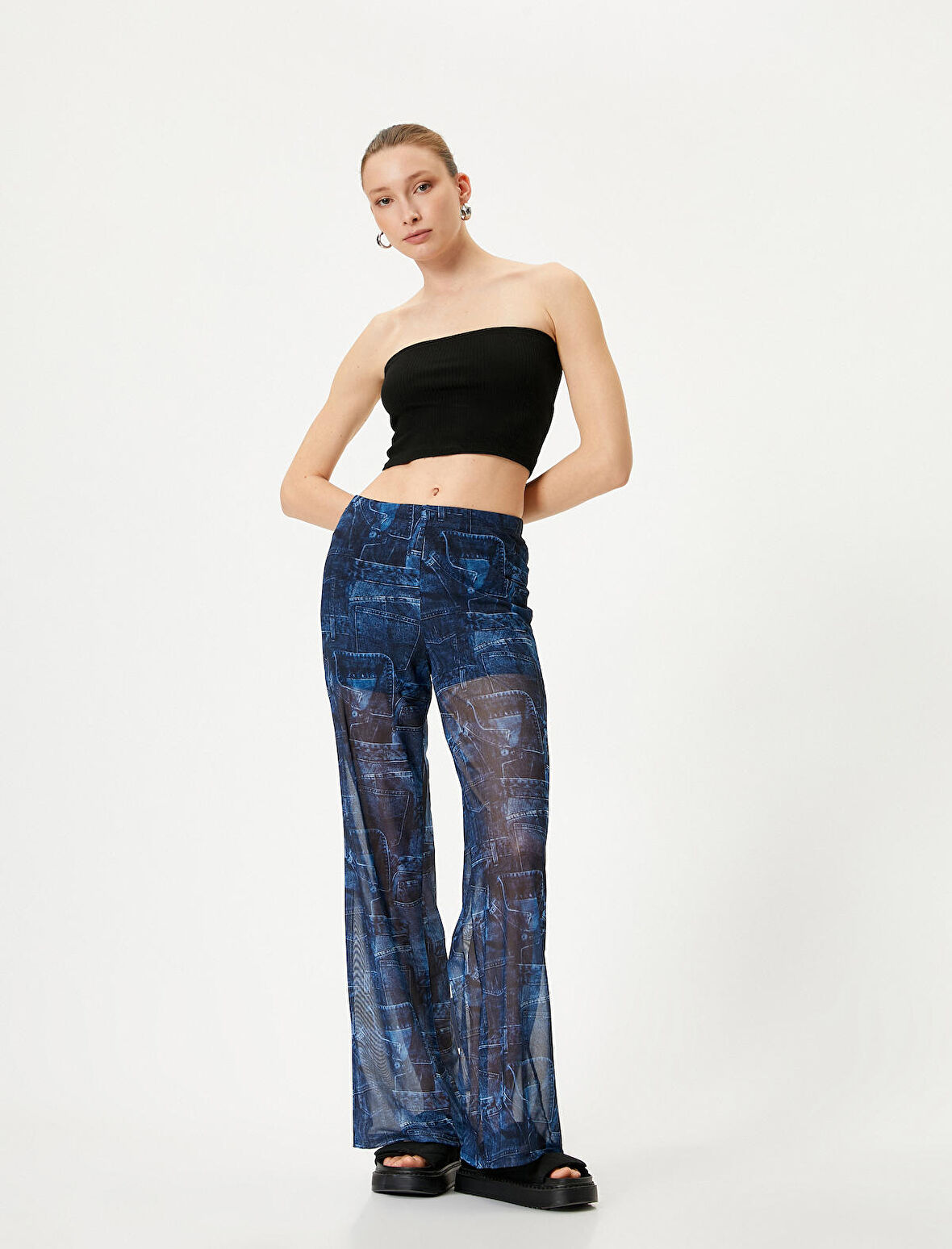 Bol Paça Pantolon Denim Tül Görünümlü Normal Bel