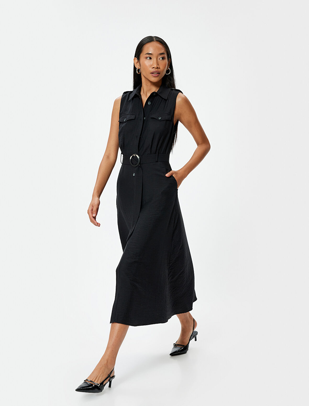 Midi Boy Kolsuz Gömlek Elbise Kemer Detaylı Cepli 