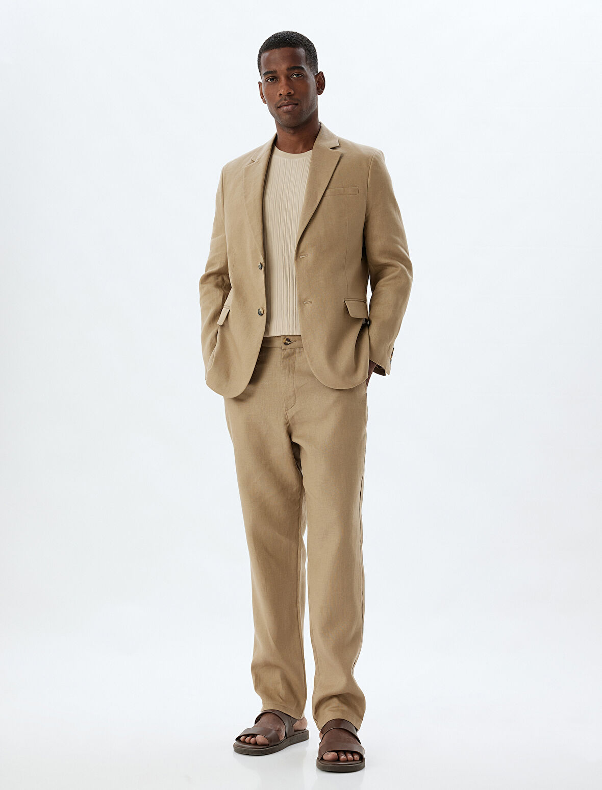 Keten Ceket Blazer Slim Fit Düğmeli Cep Detaylı