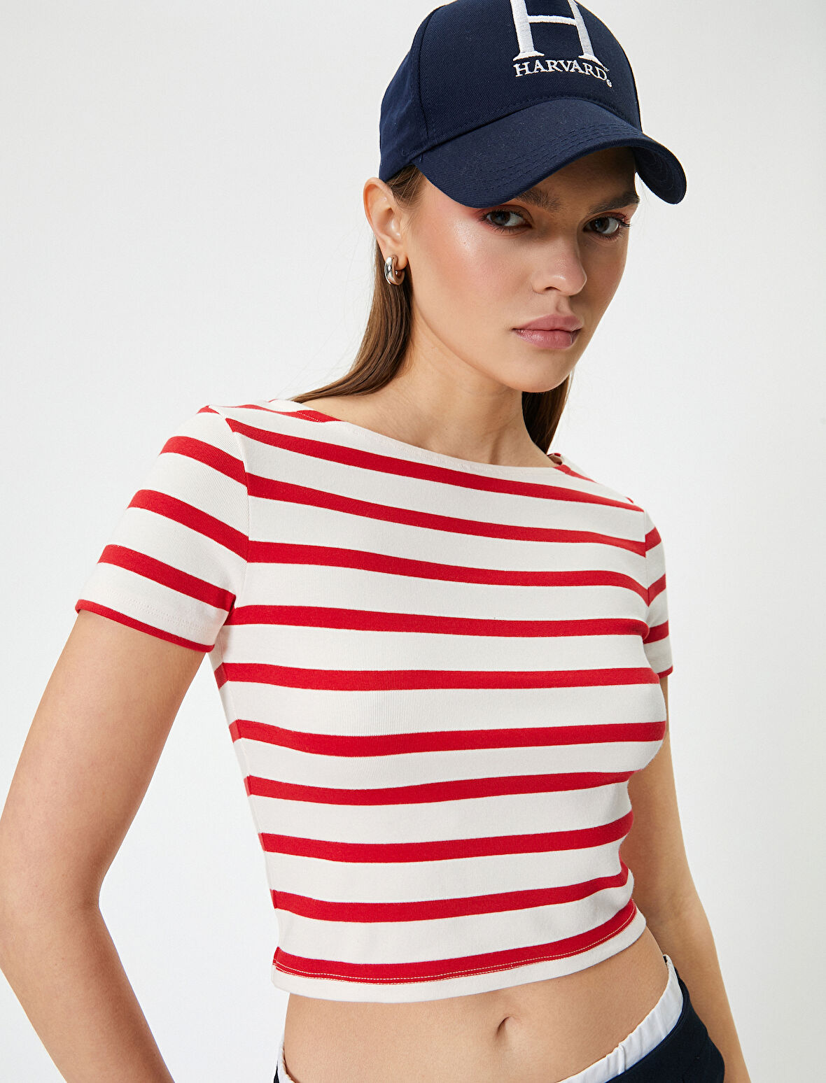 Kısa Kollu Crop Penye Tişört Bisiklet Yaka Slim Fit 
