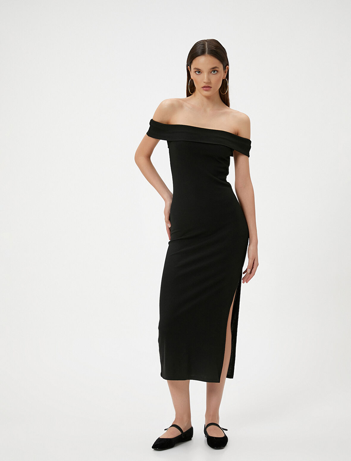 Madonna Yaka Kalem Elbise Midi Boy Yırtmaç Detaylı Slim Fit