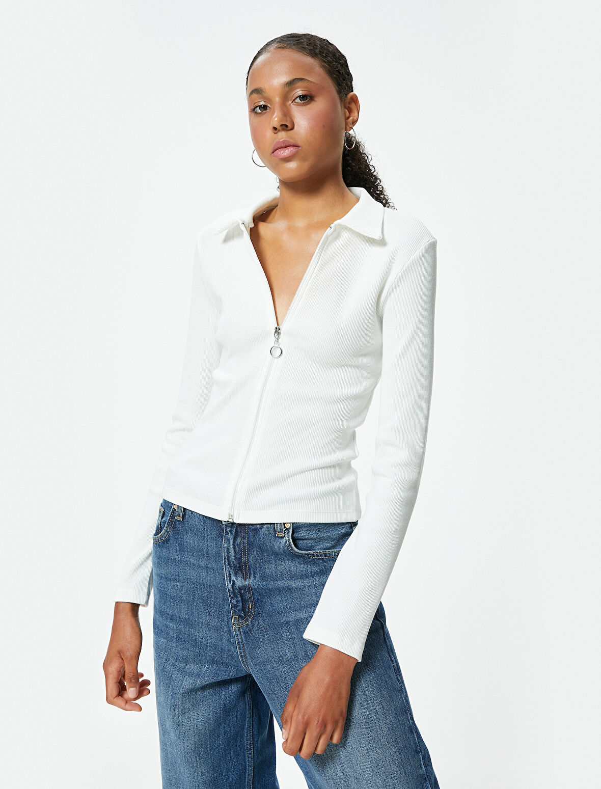 Uzun Kollu Tişört Fermuarlı Gömlek Yaka Fitilli Slim Fit