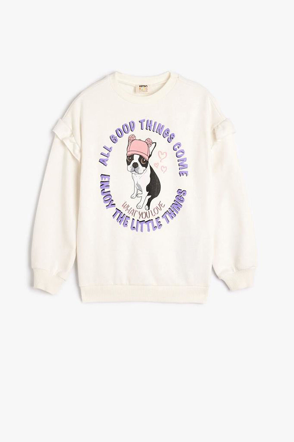 Koton Kız Çocuk Fırfırlı Sweatshirt Köpek Baskılı Uzun Kollu Pamuklu