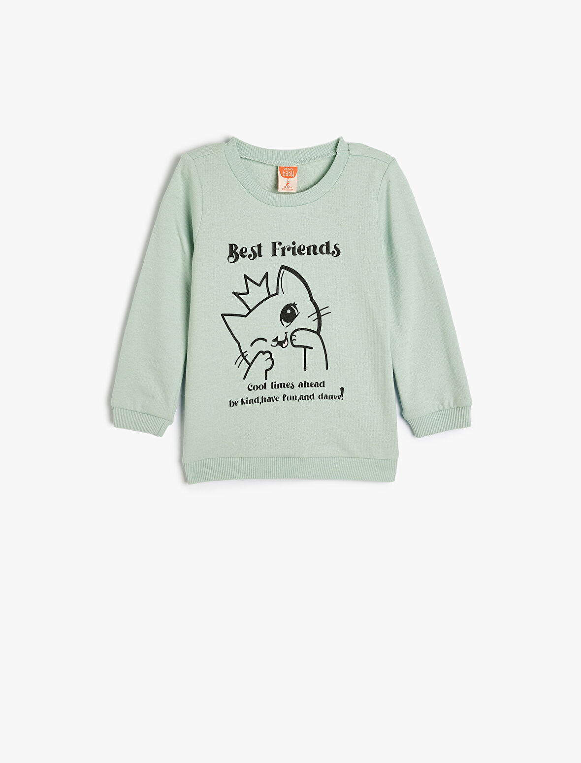 Sweatshirt Uzun Kollu Kedi Baskılı Şardonlu Bisiklet Yaka Pamuklu