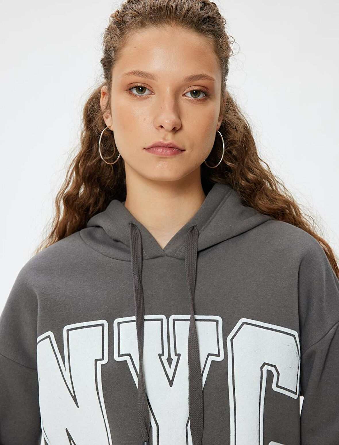 Oversize Kapüşonlu Sweatshirt Kolej Baskılı Şardonlu