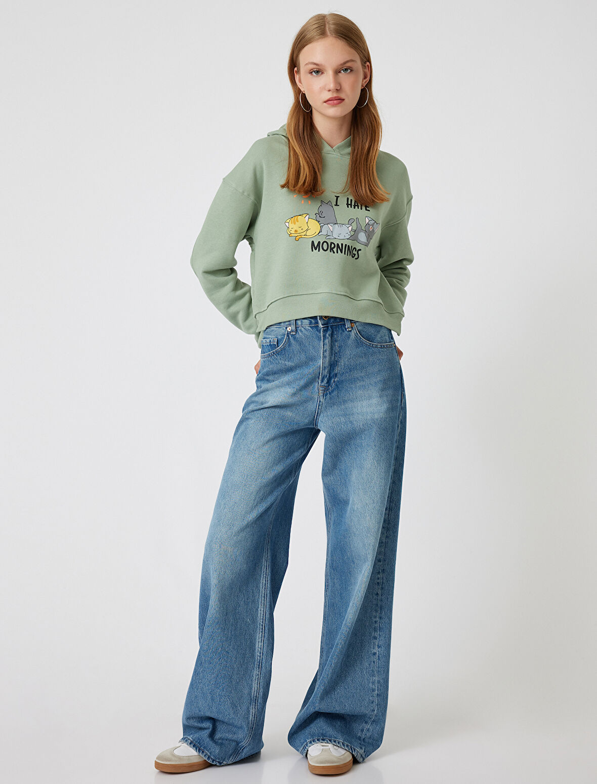 Oversize Crop Sweatshirt Kapüşonlu Kedi Baskılı 