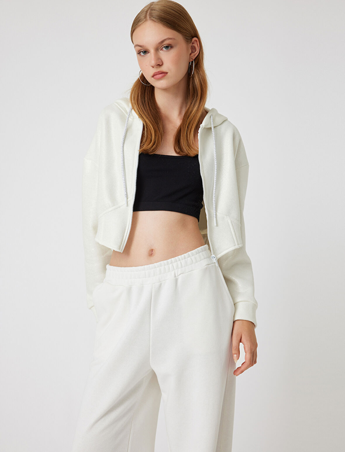 Şardonlu Crop Sweatshirt Kapüşonlu Fermuarlı Korse Görünümlü 