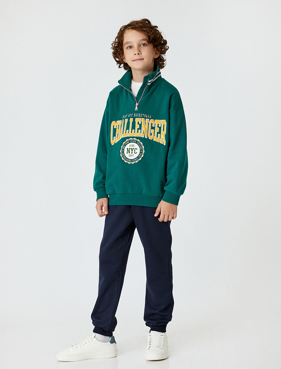 Sweatshirt Dik Yaka Yarım Fermuarlı Kolej Baskılı Pamuklu