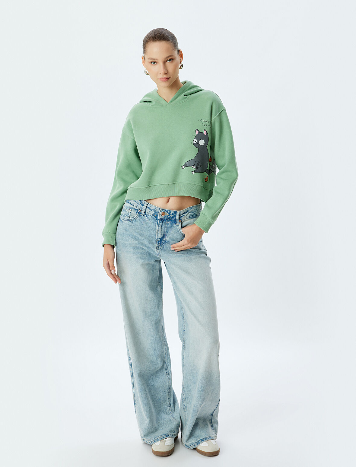 Crop Oversize Sweatshirt Kapüşonlu Kedi Baskılı Şardonlu