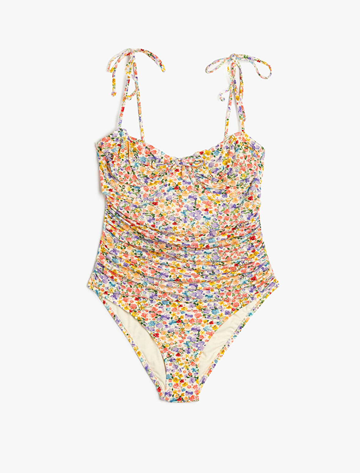 Çiçekli Mayo Balenli Drape Detaylı İnce Askılı Kalp Yaka