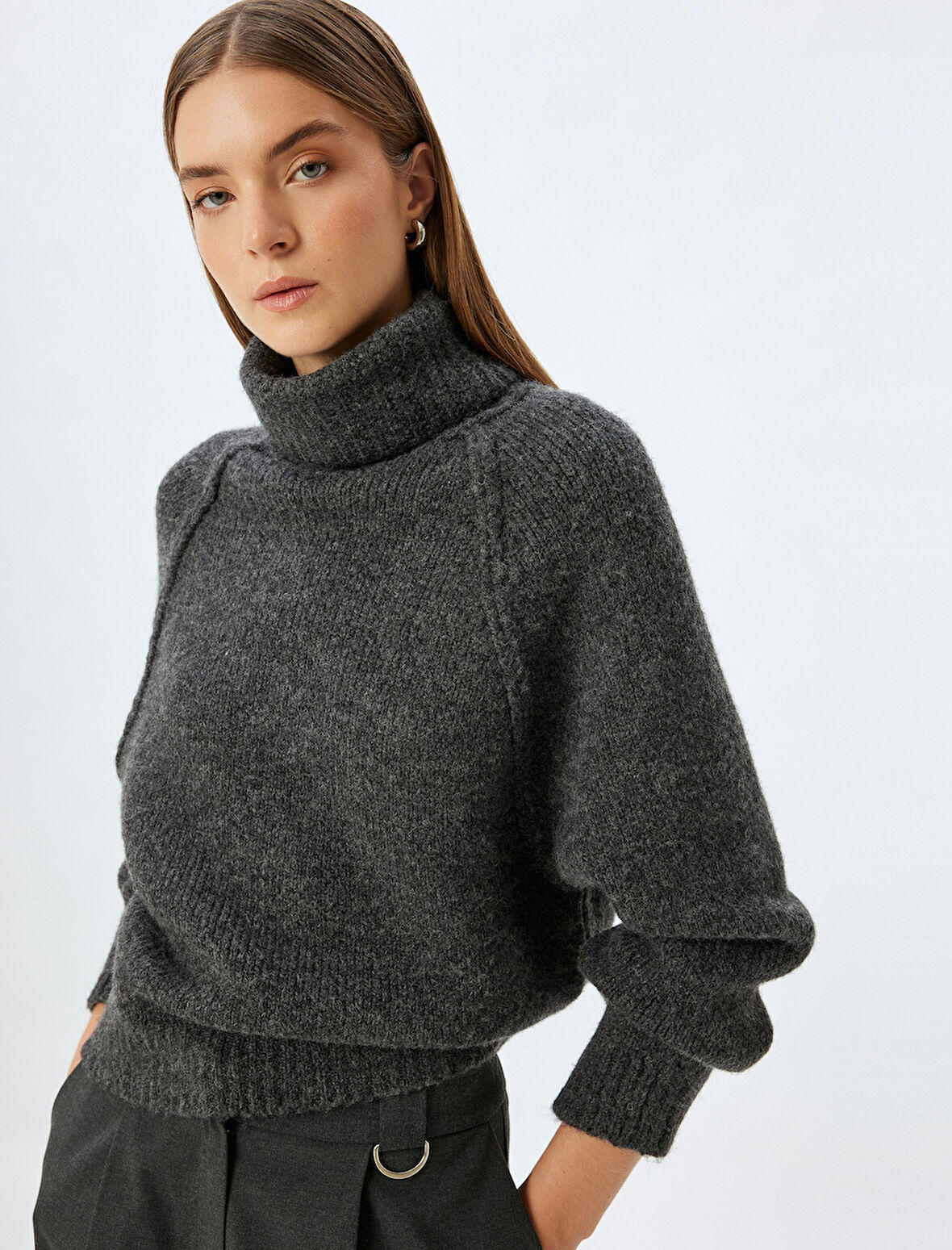 Yün Karışımlı Oversize Örgü Kazak Balıkçı Yaka Uzun Kollu
