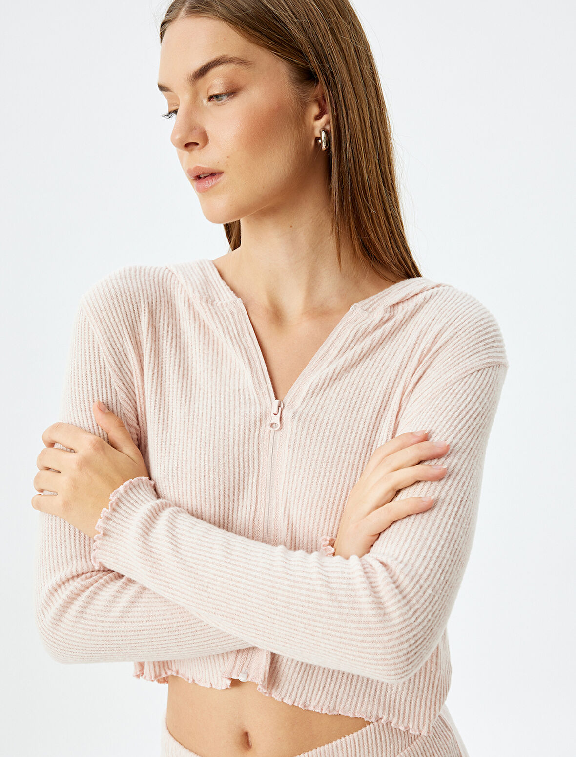 Yumuşak Dokulu Kapüşonlu Örme Crop Pijama Üstü