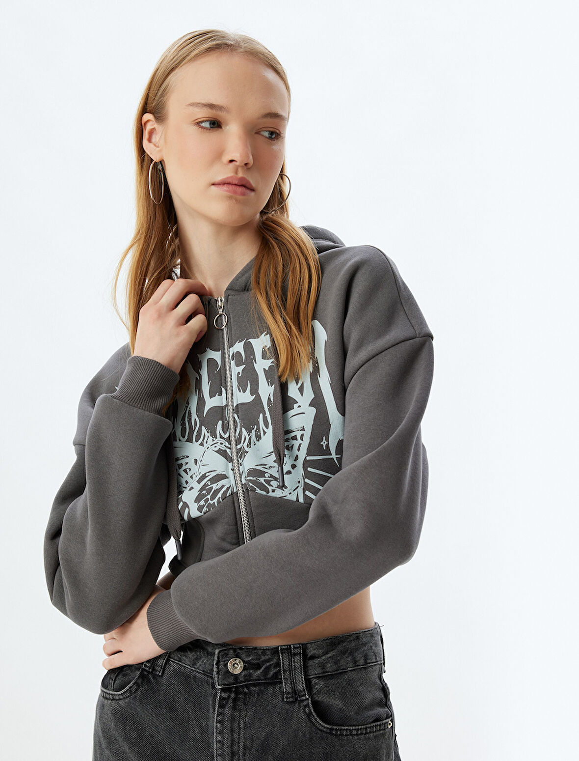 Crop Sweatshirt Fermuarlı Kapüşonlu Korse Detaylı Baskılı Slim Fit Şardonlu