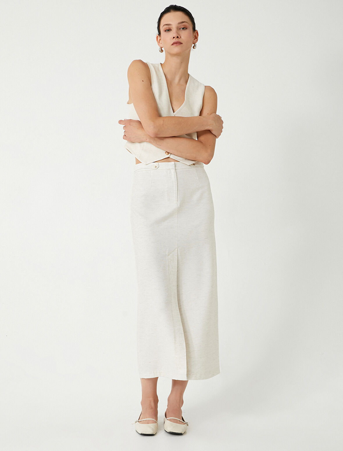 Keten Karışımlı Uzun Etek Yırtmaç Detaylı A Kesim