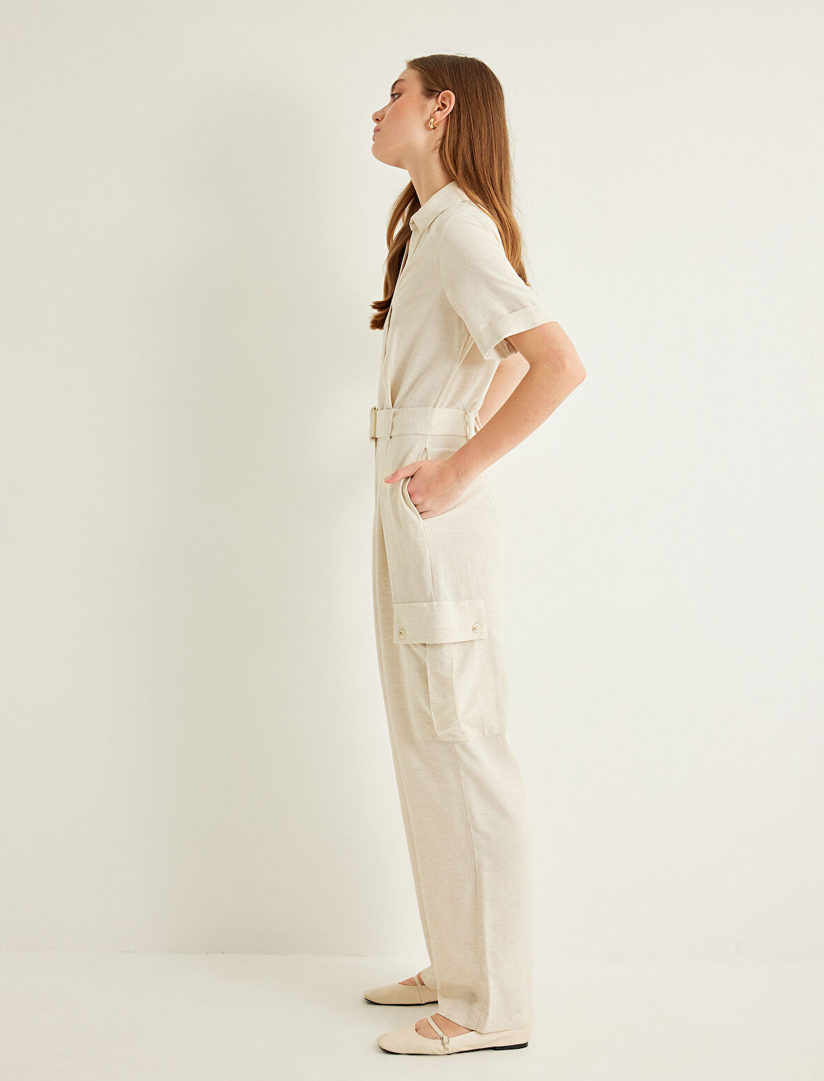 Keten Tulum Kargo Cepli Kemerli Kısa Kollu Gömlek Yaka