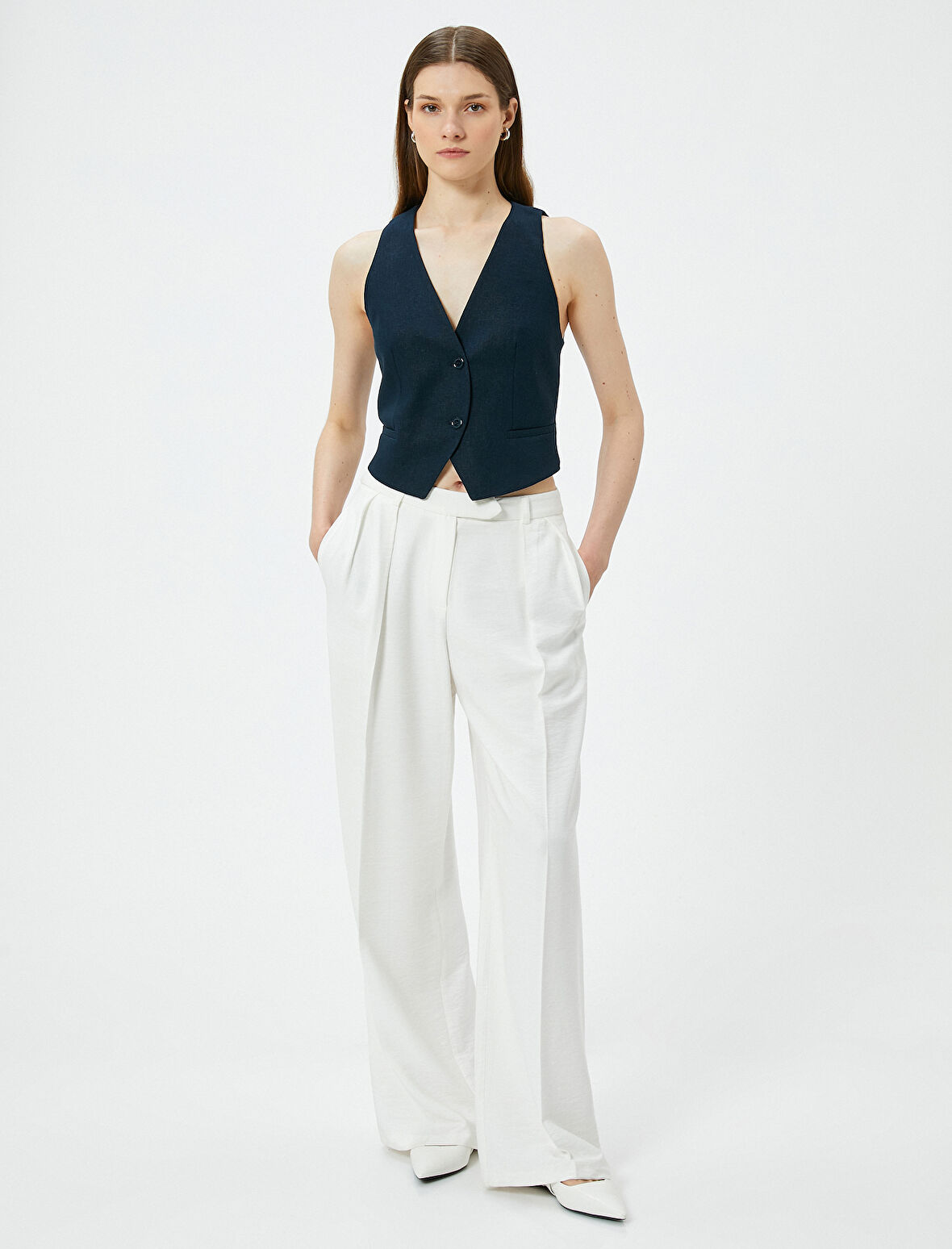 Kısa Keten Yelek V Yaka Düğmeli Cepli