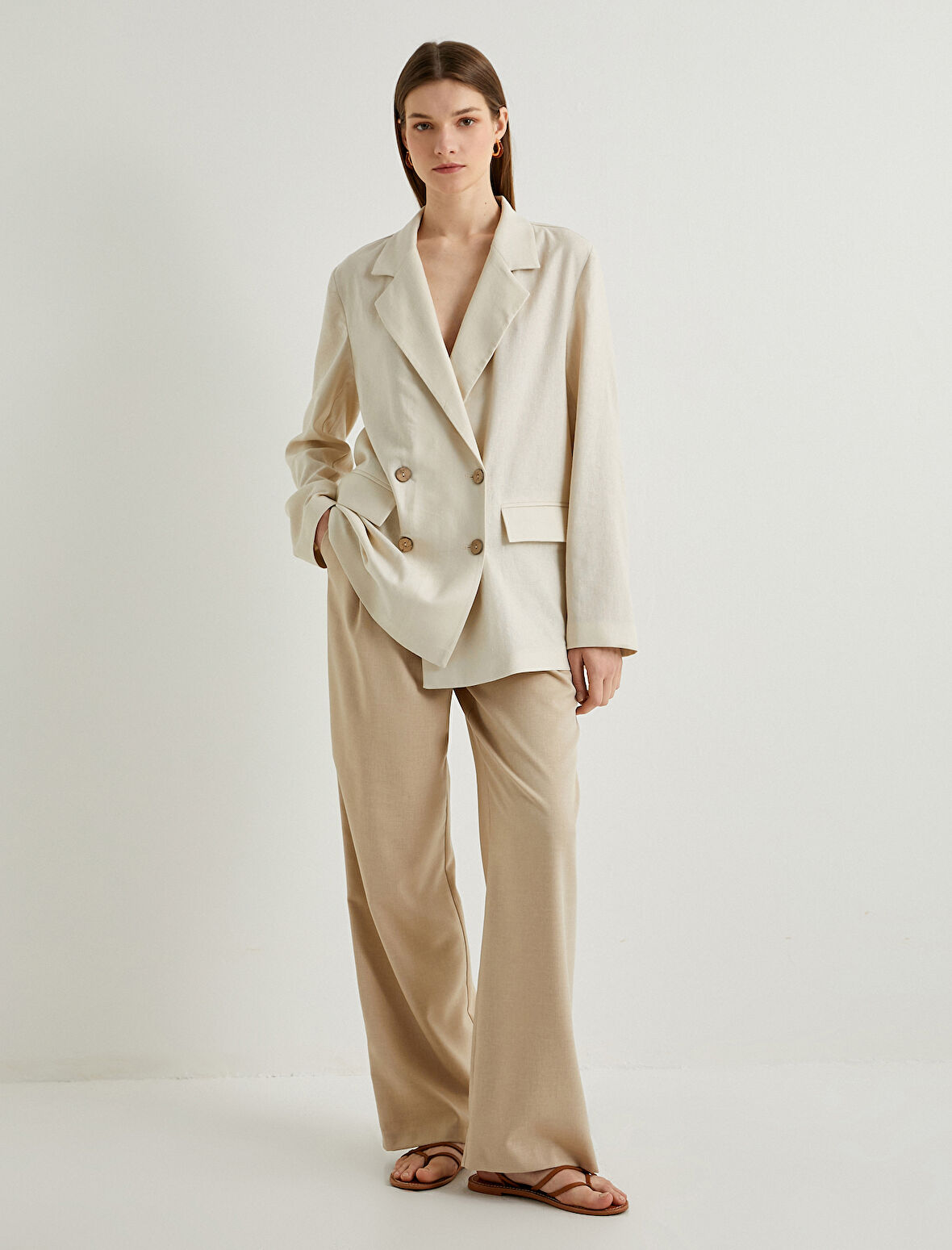 Keten Karışımlı Ceket Oversize Cep Detaylı Kruvaze Düğmeli