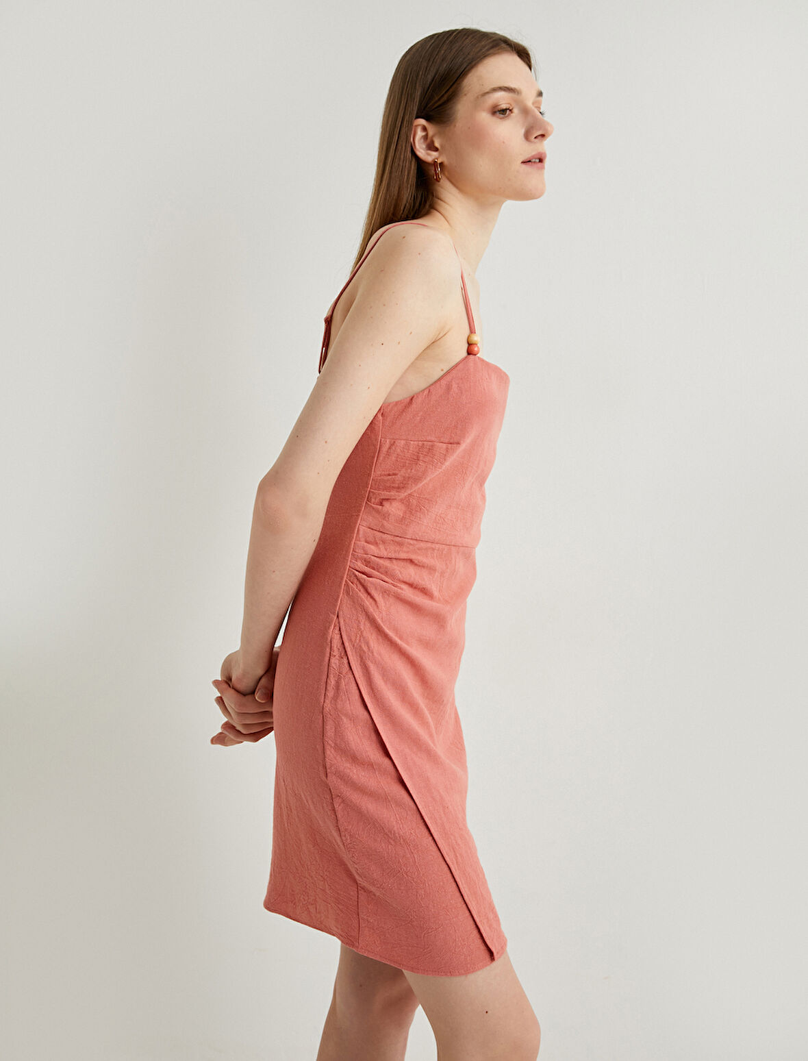 Keten Karışımlı Elbise Mini İnce Askılı Boncuklu