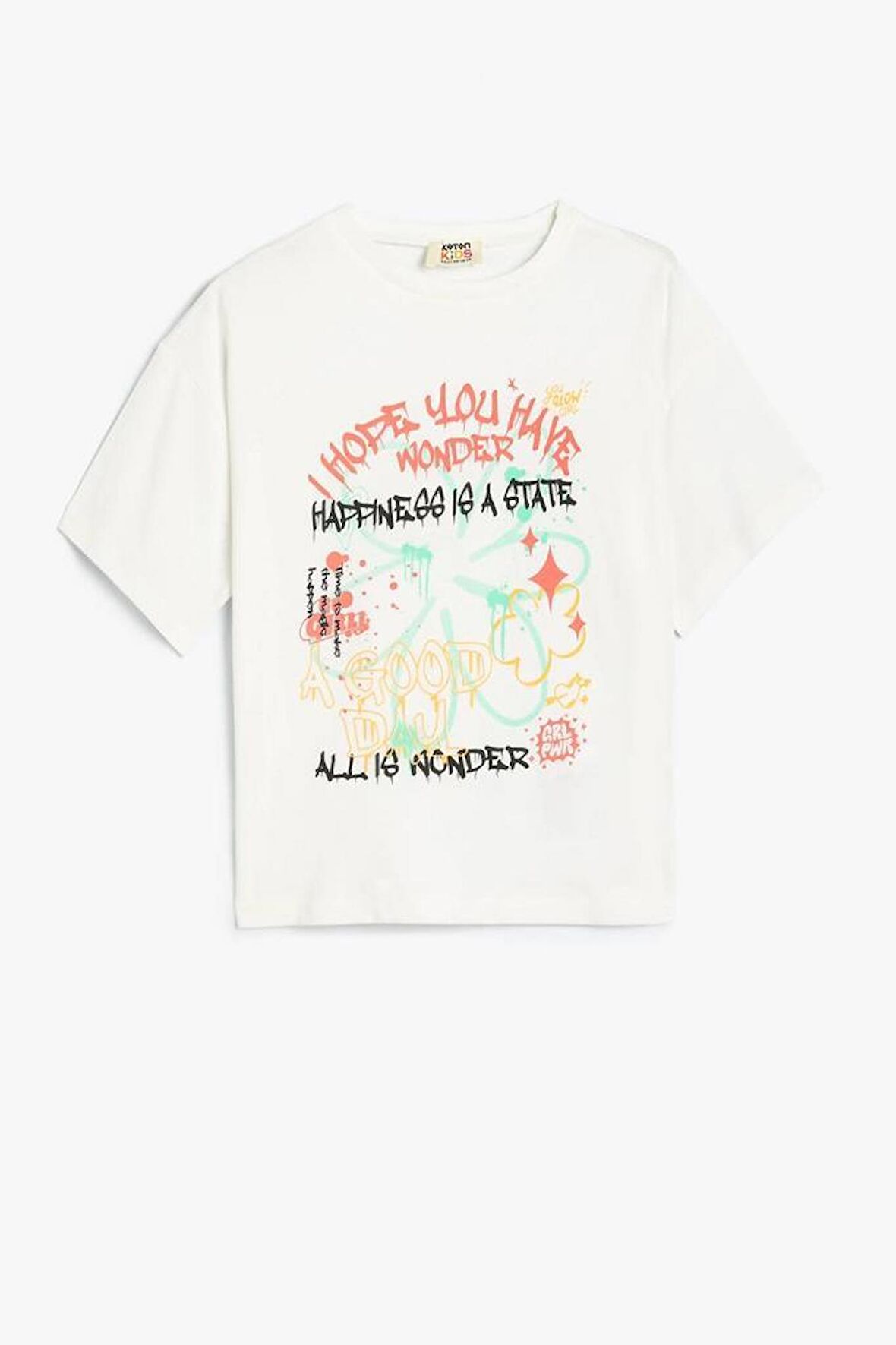 Koton Kız Çocuk Tişört Kısa Kollu Bisiklet Yaka Grafiti Baskılı Pamuklu