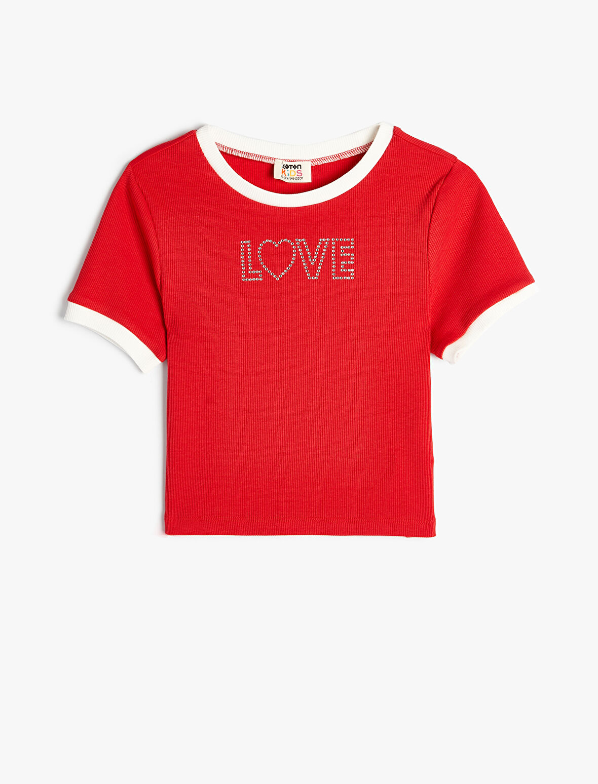 Crop Tişört Kısa Kollu Bisiklet Yaka Pullu Slogan Baskılı Pamuklu