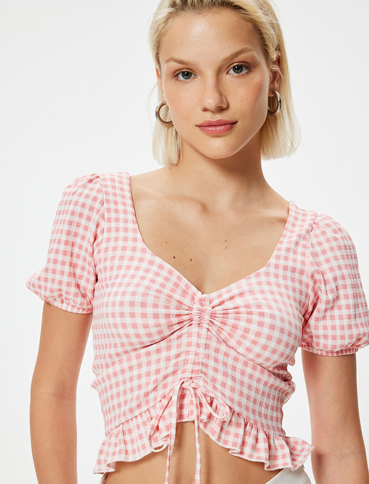 Pötikare Peplum Tişört Crop Fiyonk Detaylı Fırfırlı Slim Fit 