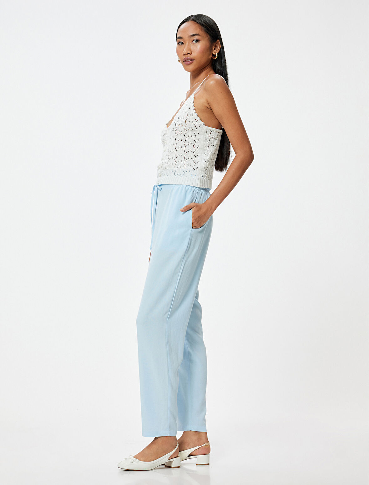 Keten Karışımlı Pantolon Beli Bağcıklı Cepli Havuç Kesim