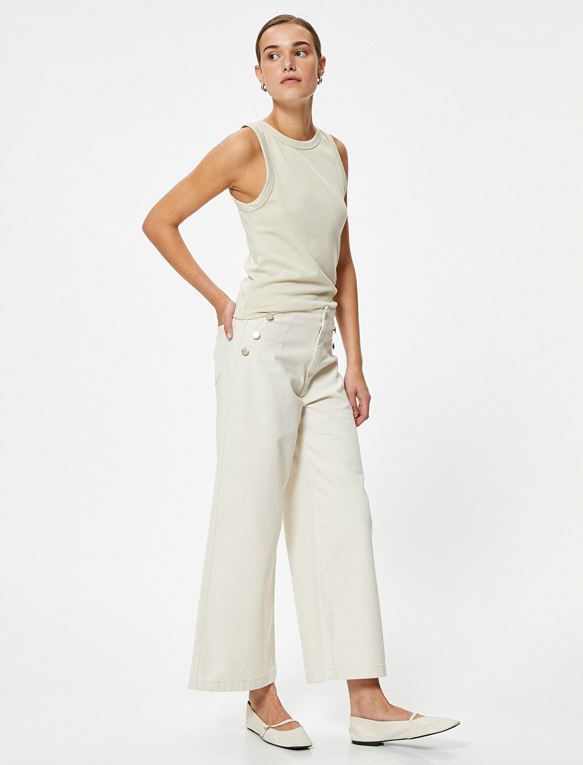 Crop Geniş Paça Kot Pantolon Yüksek Bel Düğmeli - Bianca Wide Leg Jean