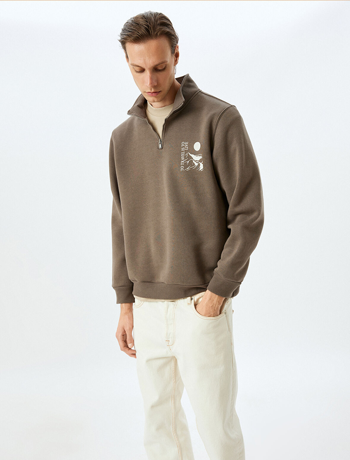 Yarım Fermuarlı Pamuk Karışımlı Baskılı Sweatshirt