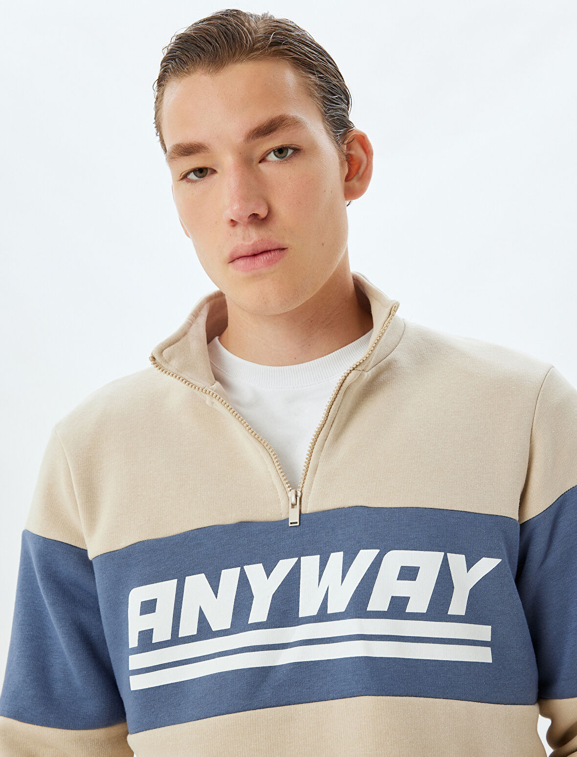 Slogan Baskılı Sweatshirt Yarım Fermuarlı Renk Bloklu Pamuk Karışımlı