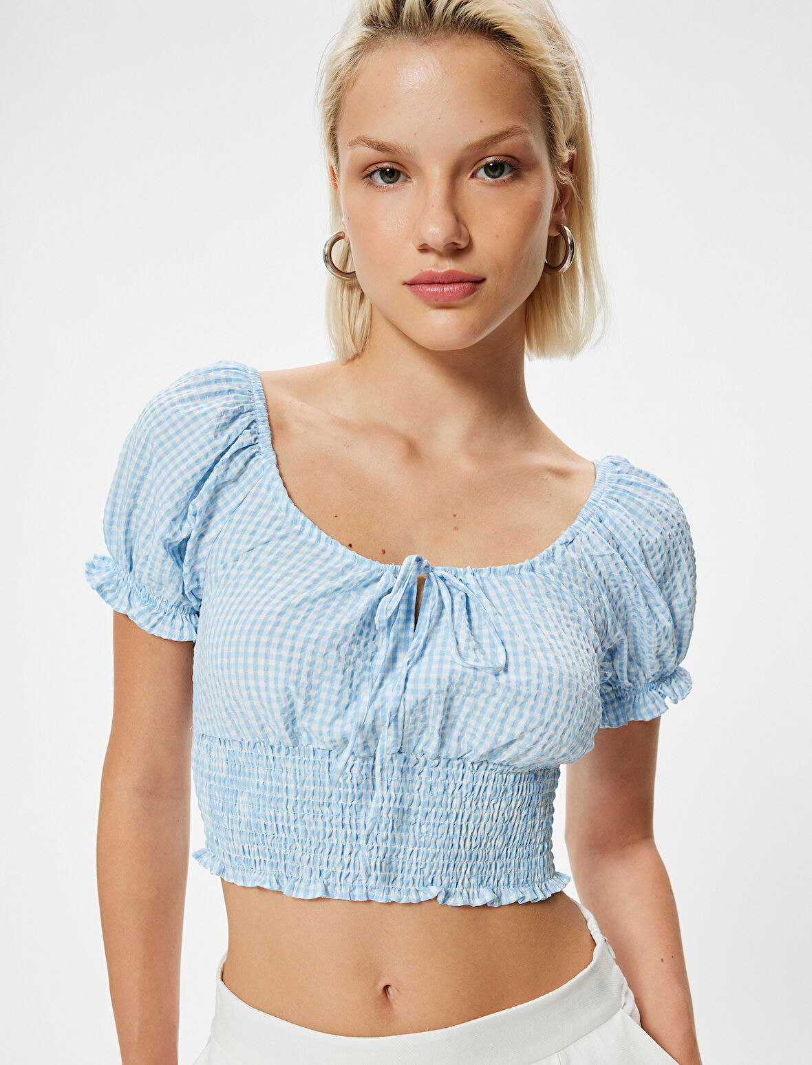 Balon Kol Poplin Crop Bluz Gipeli Önden Bağlama Detaylı 