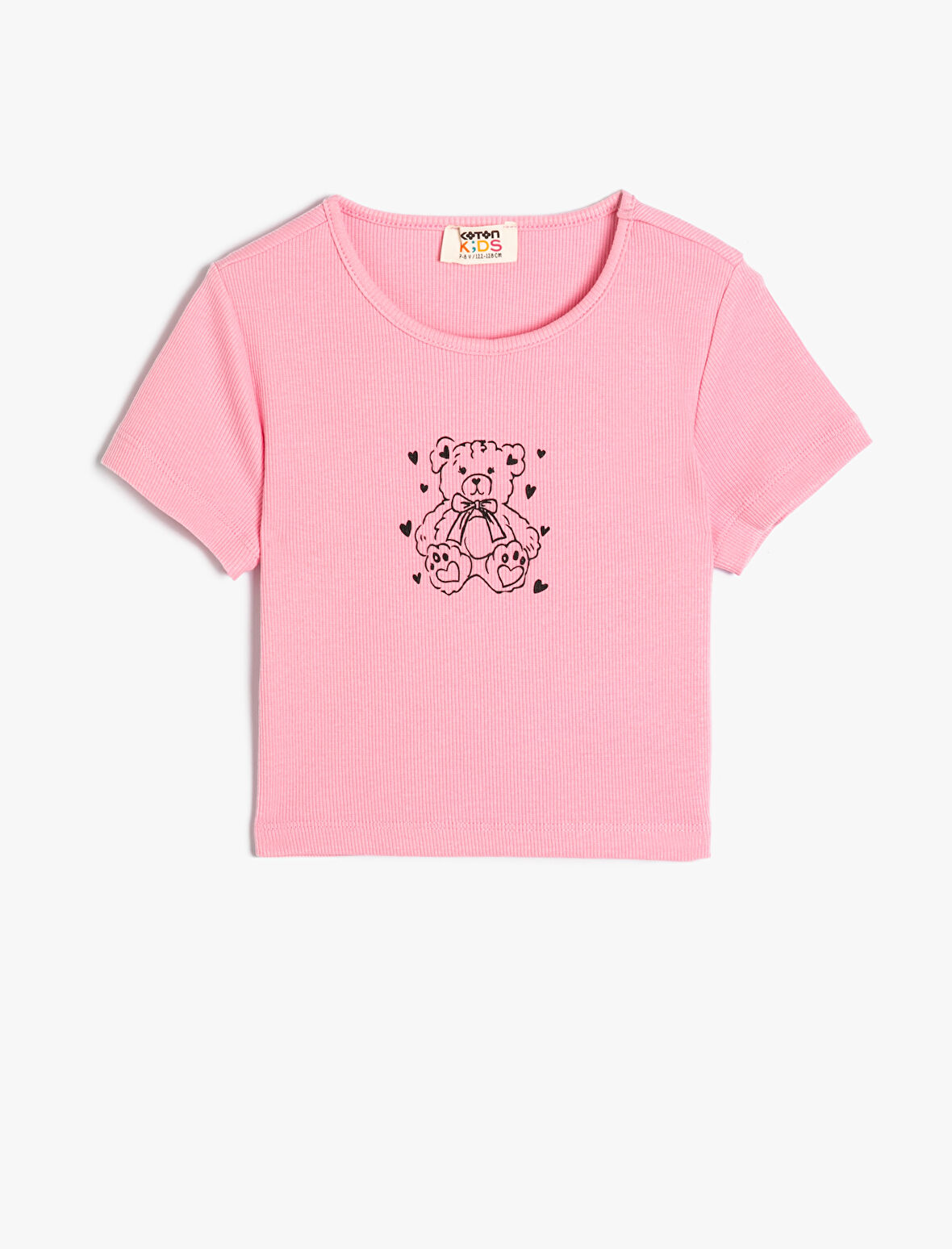 Crop Tişört Ayıcık Baskılı Kısa Kollu Bisiklet Yaka Pamuklu