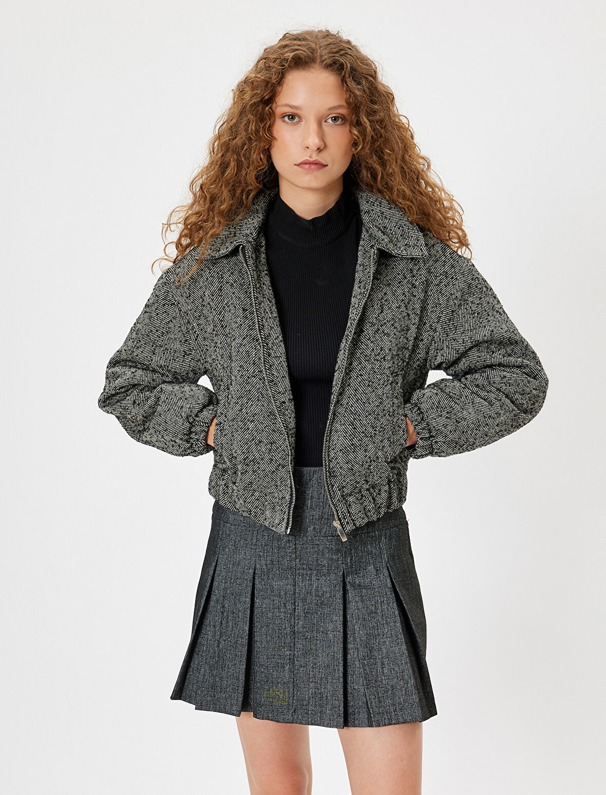 Bomber Ceket Kapüşonlu Balık Sırtı Desenli Cepli Fermuarlı 