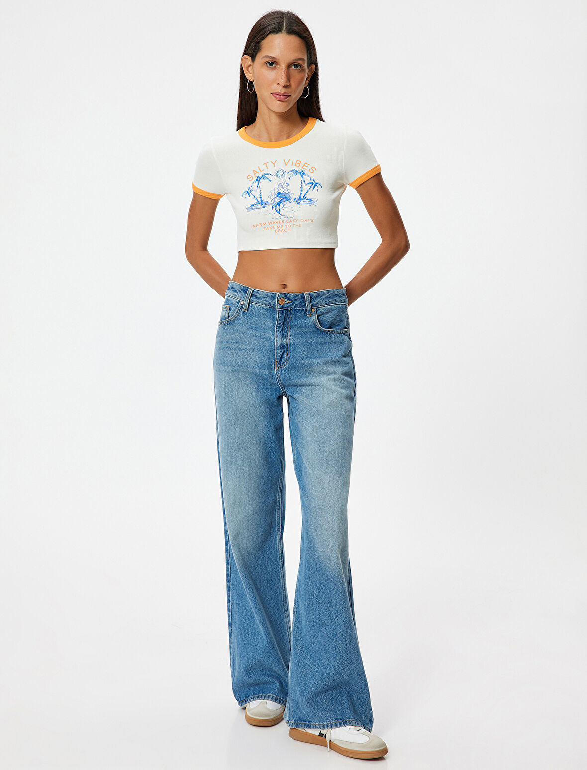 Crop Tişört Yaz Temalı Baskılı Biyeli Bisiklet Yaka Kısa Kollu Slim Fit