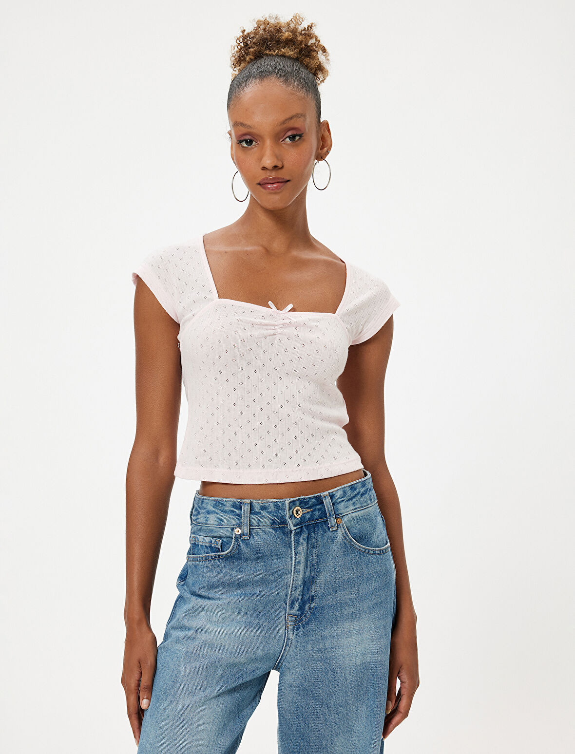 Kap Kol Tişört Fiyonk Detaylı Kare Yaka Slim Fit