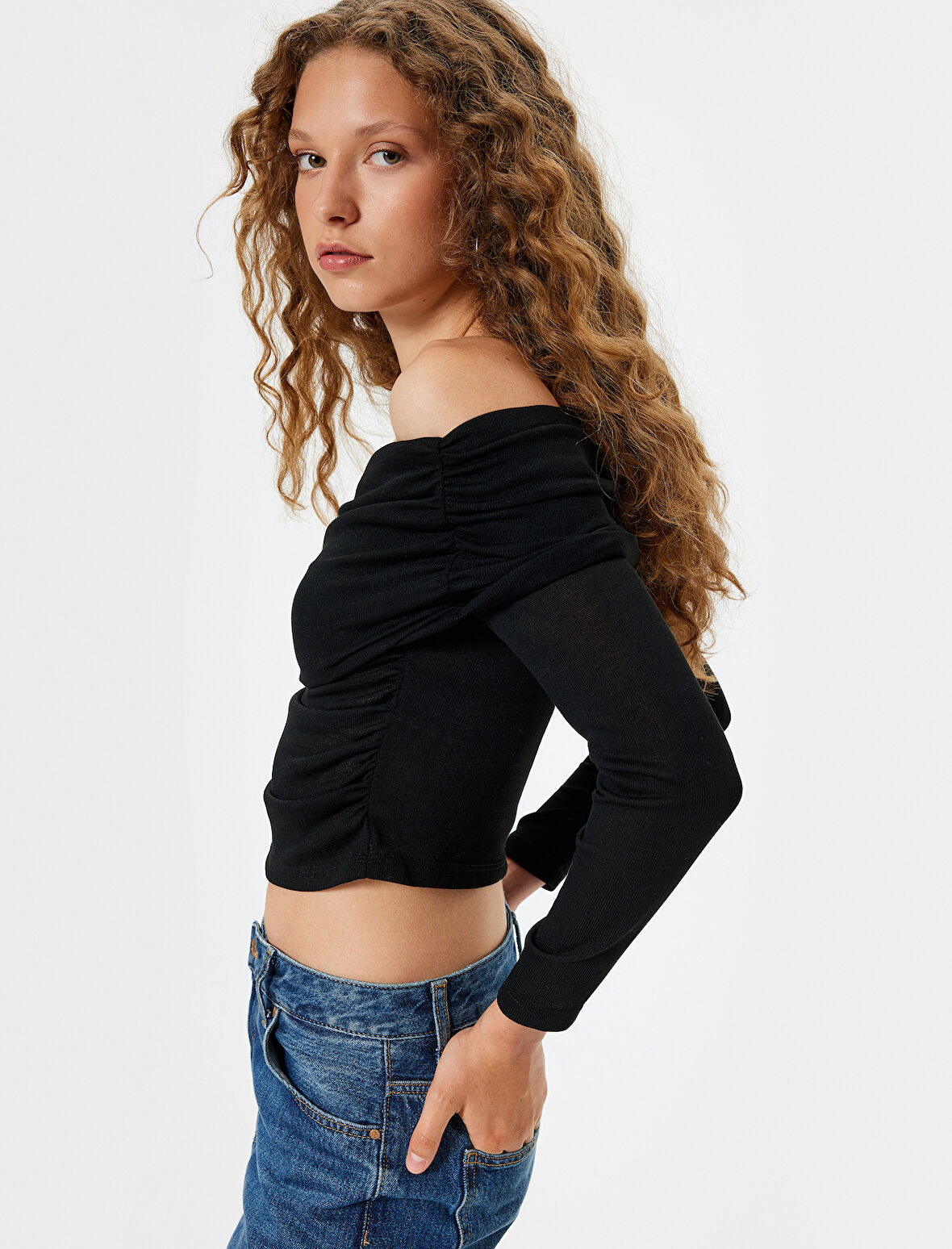 Madonna Yaka Tişört Uzun Kollu Drapeli Slim Fit Viskon Karışımlı 