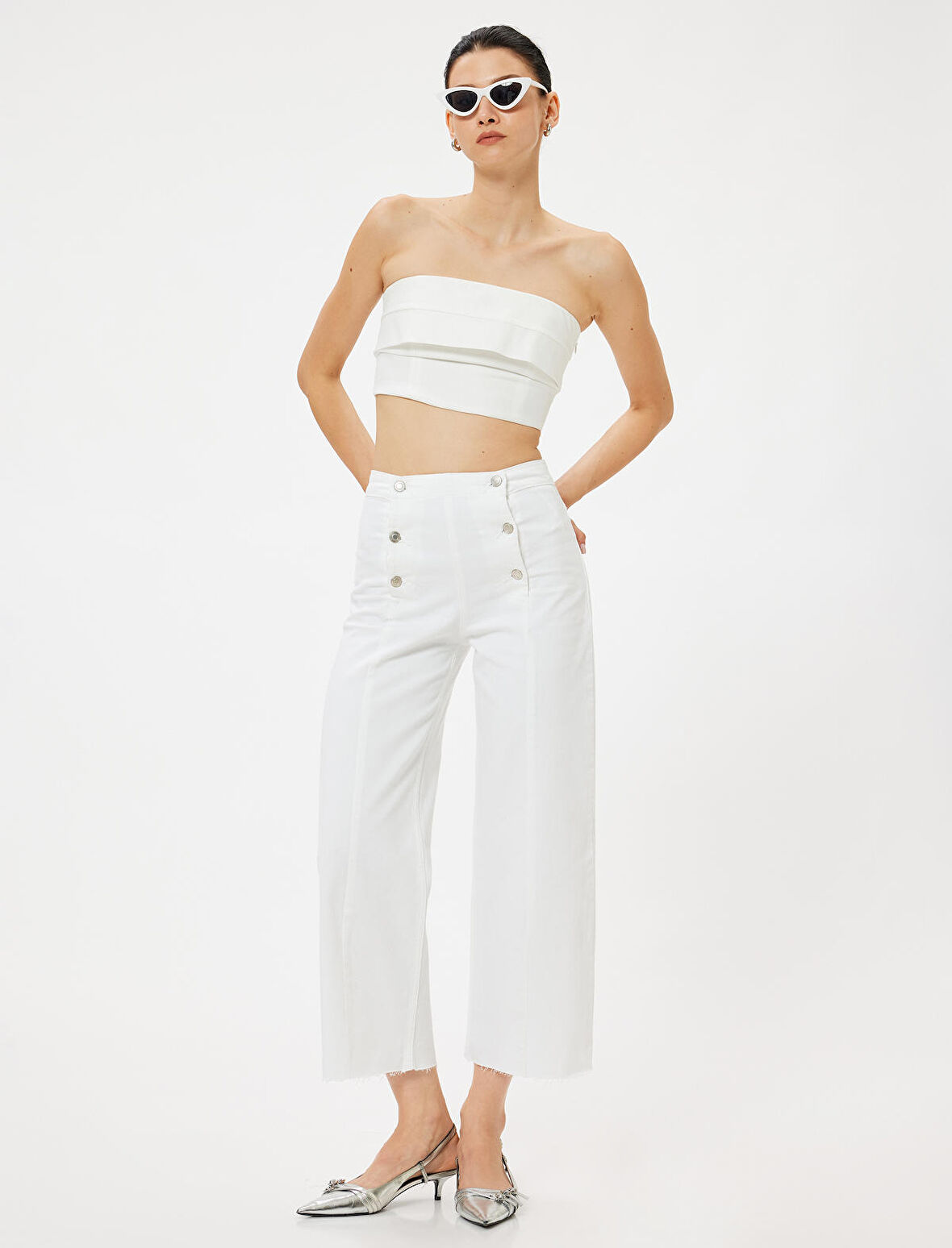 Geniş Kısa Paça Kot Pantolon Standart Bel Düğmeli - Sandra Jeans