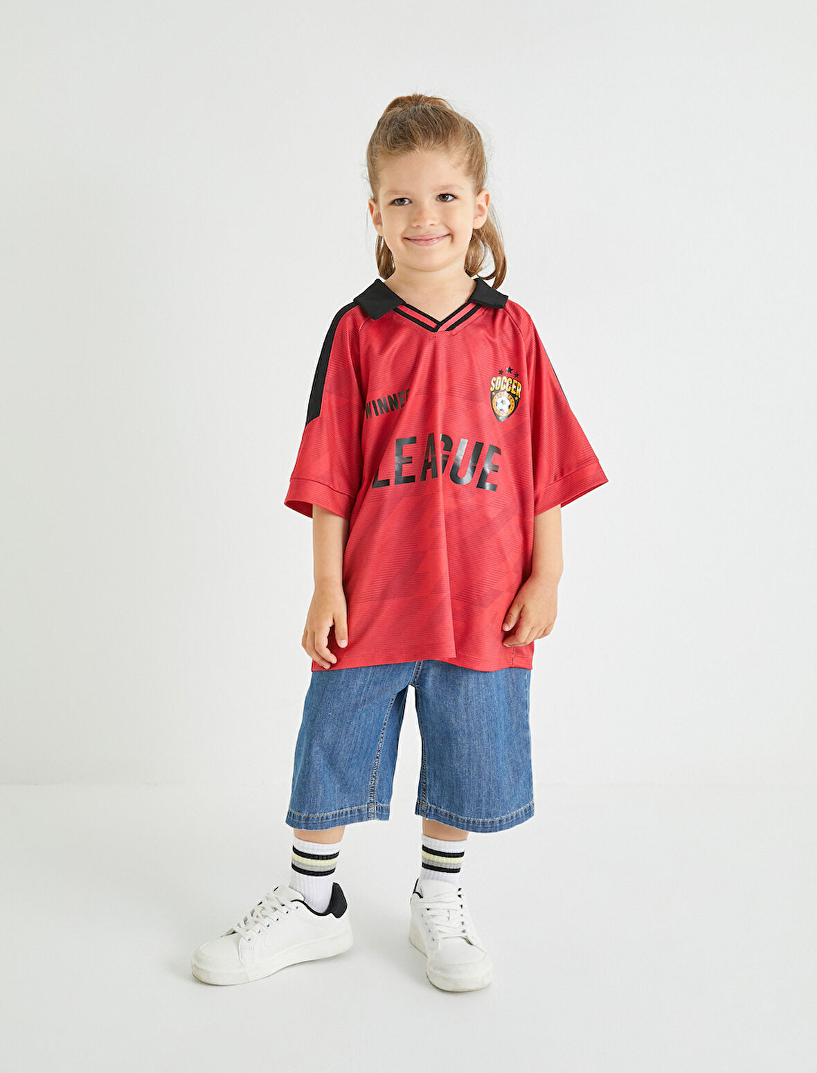 Oversize Tişört Spor Baskılı Kısa Kollu Polo Yaka 