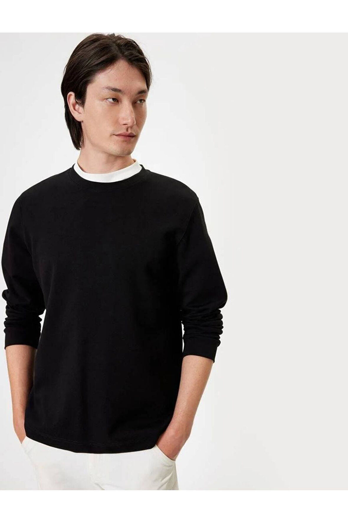 Bisiklet Yaka Sweatshirt Basic Uzun Kollu Pamuklu Interlok Kumaş