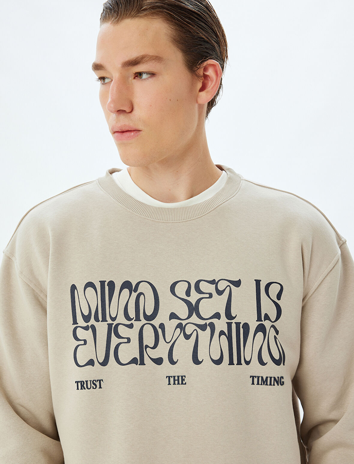 Oversize Sweatshirt Slogan Baskılı Bisiklet Yaka Pamuk Karışımlı