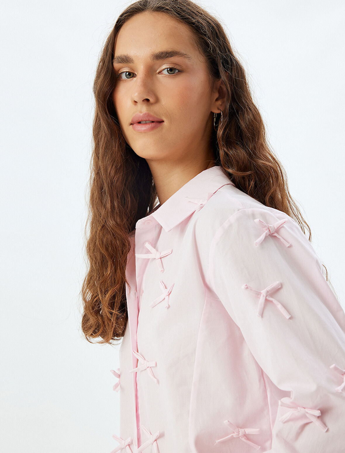 Fiyonklu Poplin Crop Gömlek Slim Fit Uzun Kollu 