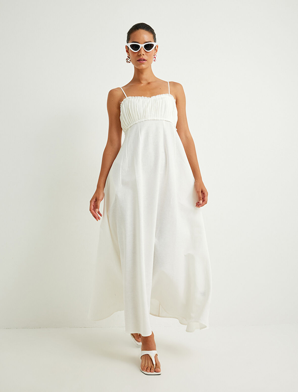 Keten Karışımlı Uzun Elbise İnce Askılı Dokulu